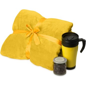 Подарочный набор с пледом, термокружкой и миндалем в шоколадной глазури "Tasty hygge", желтый