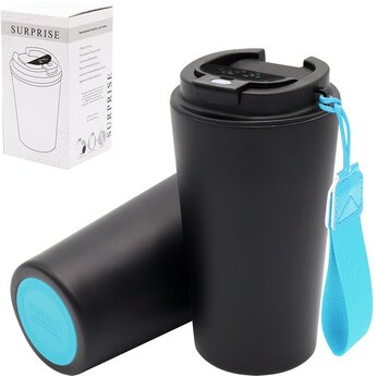 Кружка термическая "Surprise To Go" с индикатором и ремешком, черный/бирюзовый