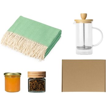 Подарочный набор с пледом, френчпрессом, чаем и вареньем, зеленый