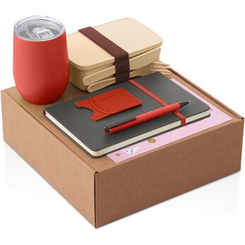 Набор с термокружкой, блокнотом, ручкой и ланчбоксом "Refreshment", красный