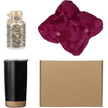 Подарочный набор с пледом, термокружкой и чаем, бордовый