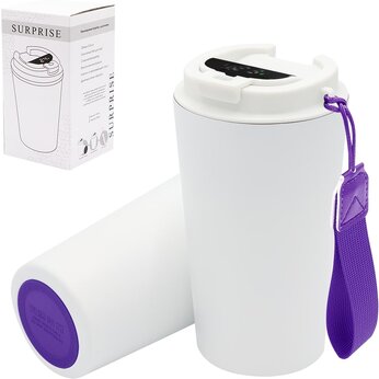 Кружка термическая "Surprise To Go" с индикатором и ремешком, белый/фиолетовый