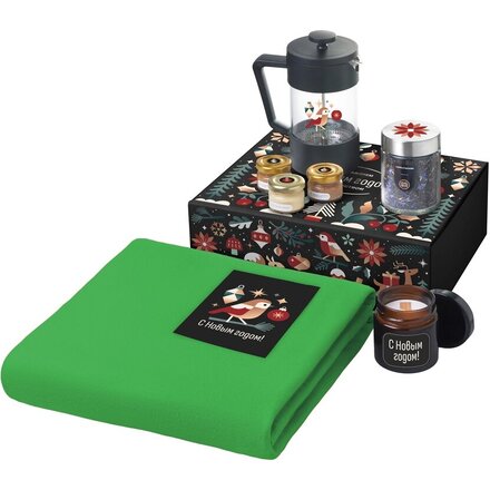 Подарочный набор c пледом, френчпрессом, чаем и медом, зеленый
