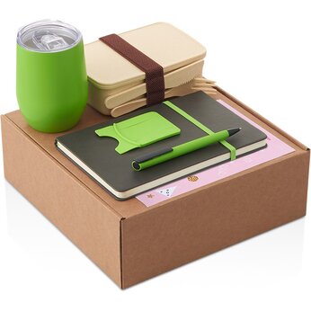 Набор с термокружкой, блокнотом, ручкой и ланчбоксом "Refreshment", зеленое яблоко