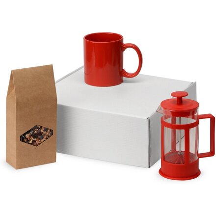 Набор подарочный "Чаепитие" красный: чай, кружка и френч-пресс