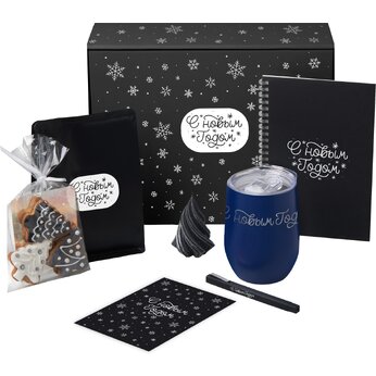 Подарочный набор c термокружкой, блокнотом, ручкой и свечкой, темно - синий