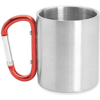 Кружка GUAYA с ручкой карабином, 230 мл, серебристый/красный