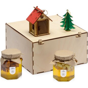 Набор подарочный "Decoration Deluxe" разноцветный: мед с кешью, мед с миндалем, подвеска "Избушка" и подвеска "Елка"