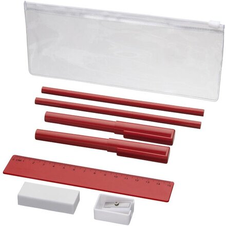 Набор "Mindy" красный/белый/прозрачный: ручки шариковые, карандаши простые, линейка, точилка и ластик