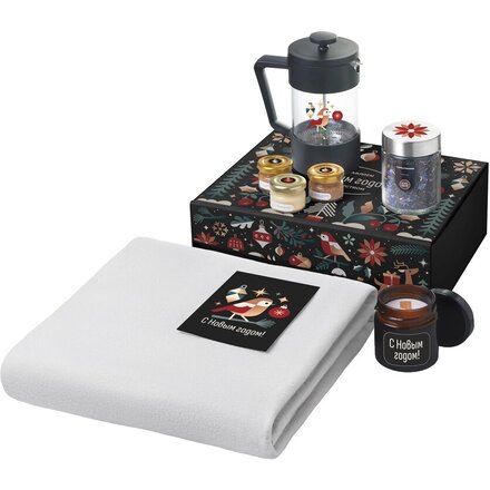 Подарочный набор c пледом, френчпрессом, чаем и медом, серый