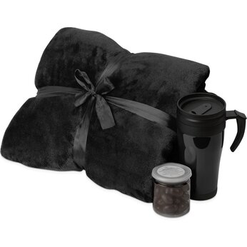 Подарочный набор с пледом, термокружкой и миндалем в шоколадной глазури "Tasty hygge", черный