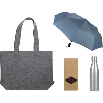 Подарочный набор с зонтом и термобутылкой в шопере, голубой