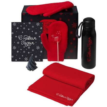 Подарочный набор с варежками, шарфом и термосом,красный