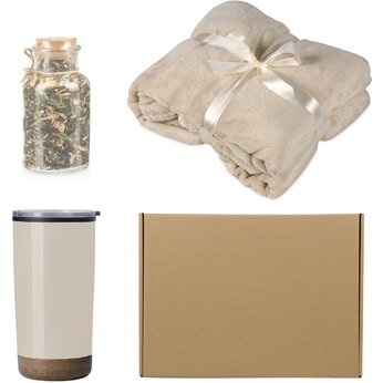 Подарочный набор с пледом, термокружкой и чаем, бежевый
