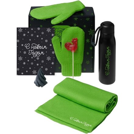 Подарочный набор с варежками, шарфом и термосом, зеленое яблоко