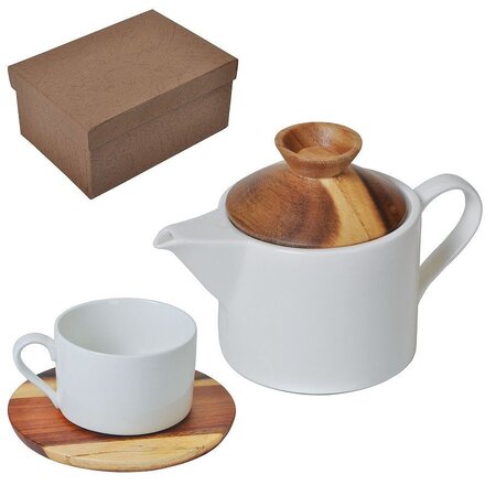 Набор чайный "Andrew" белый/коричневый: чайник и чашка с блюдцем