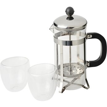 Набор кофейный "Cooper" прозрачный/серебристый/черный: кофейник и 2 термостакана