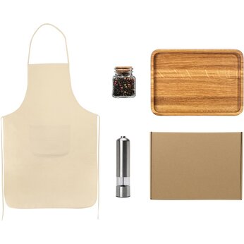Подарочный набор для кухни с фартуком, подносом, мельницей и специями