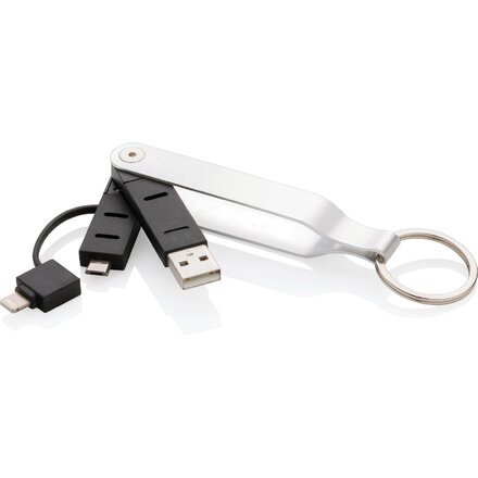 Кабель-брелок USB "P302.042" 2 в 1, серебристый/черный