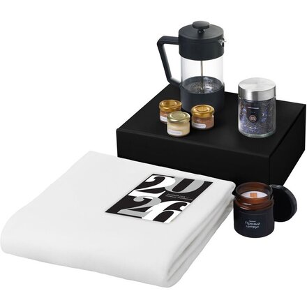 Подарочный набор c пледом, френчпрессом, чаем и медом, белый