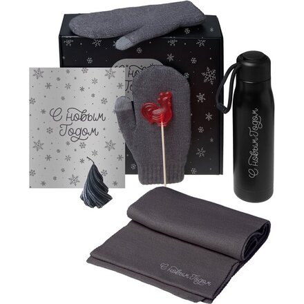 Подарочный набор с варежками, шарфом и термосом, серый