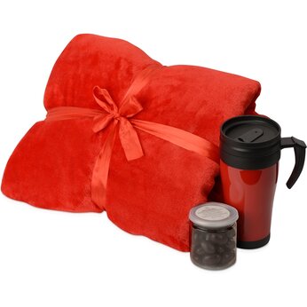 Подарочный набор с пледом, термокружкой и миндалем в шоколадной глазури "Tasty hygge", красный