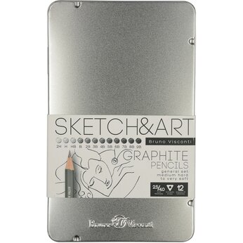 Набор чернографитовых карандашей  "Sketch & Art" ,12 шт. 2h-9b, металлическая коробка с ложементом
