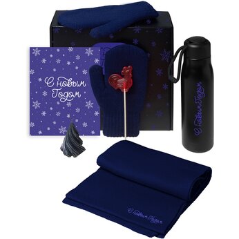 Подарочный набор с варежками, шарфом и термосом, темно-синий