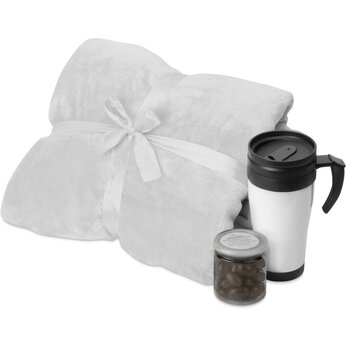Подарочный набор с пледом, термокружкой и миндалем в шоколадной глазури "Tasty hygge", белый