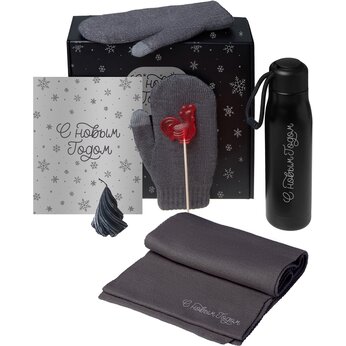 Подарочный набор с варежками, шарфом и термосом, серый