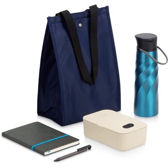 Подарочный набор с блокнотом, ручкой, ланчбоксом и бутылкой для воды "Breaktime", синий