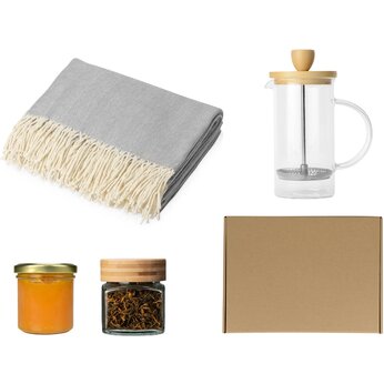 Подарочный набор с пледом, френчпрессом, чаем и вареньем, серый