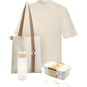 Набор подарочный: Сумка для покупок "Superbag Casual", футболка оверсайз "Berlin", контейнер для еды "Inar", бутылка для воды "Flappy"  