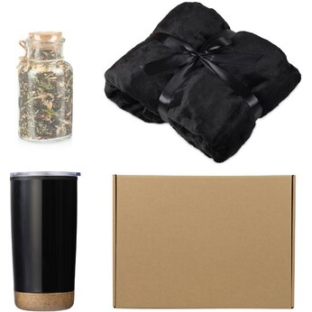 Подарочный набор с пледом, термокружкой и чаем, черный