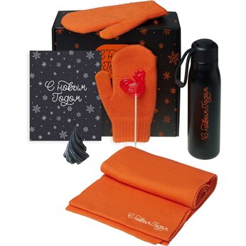 Подарочный набор с варежками, шарфом и термосом, оранжевый