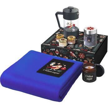 Подарочный набор c пледом, френчпрессом, чаем и медом, синий