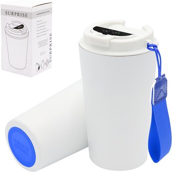 Кружка термическая "Surprise To Go" с индикатором и ремешком, белый/синий