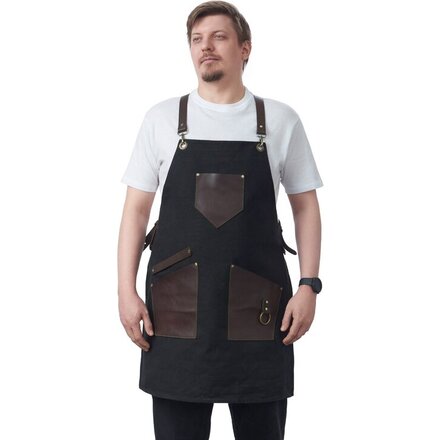Фартук из канваса с ремнями из натуральной кожи, материал: канвас смесовый, плотность 450 гр/м, натуральная кожа КРС, цвет черный, коричневый темный
