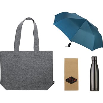 Подарочный набор с зонтом и термобутылкой в шопере, синий