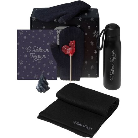 Подарочный набор с варежками, шарфом и термосом, черный