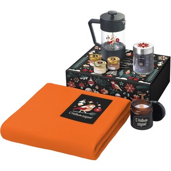 Подарочный набор c пледом, френчпрессом, чаем и медом, оранжевый