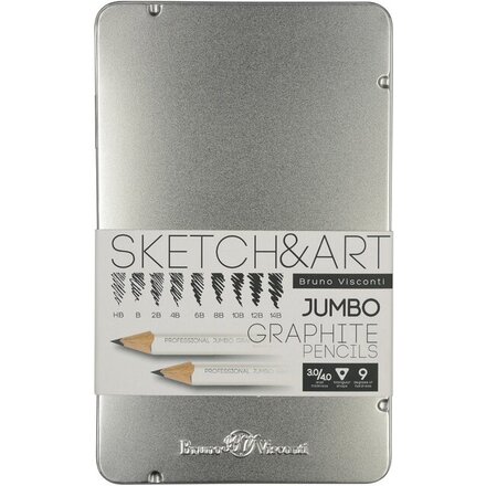 Набор чернографитовых карандашей  "Sketch & Art"  утолщенные,9 шт. hb-14b,  металлическая коробка с ложементом