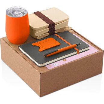 Набор с термокружкой, блокнотом, ручкой и ланчбоксом "Refreshment", оранжевый